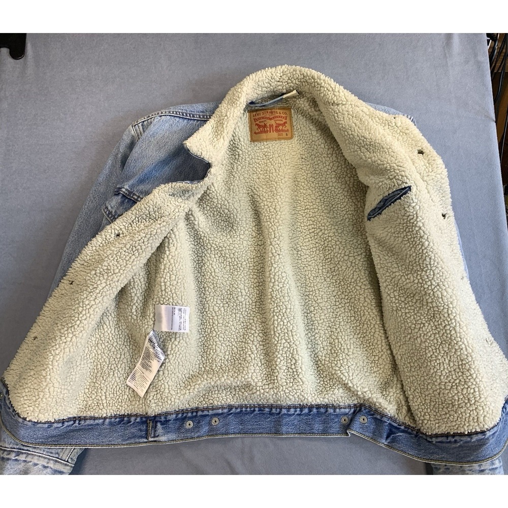 Levi's Denim Trucker Jacket Blue x White Sherpa Fleece Lined Men's Small - Picture 3 of 9